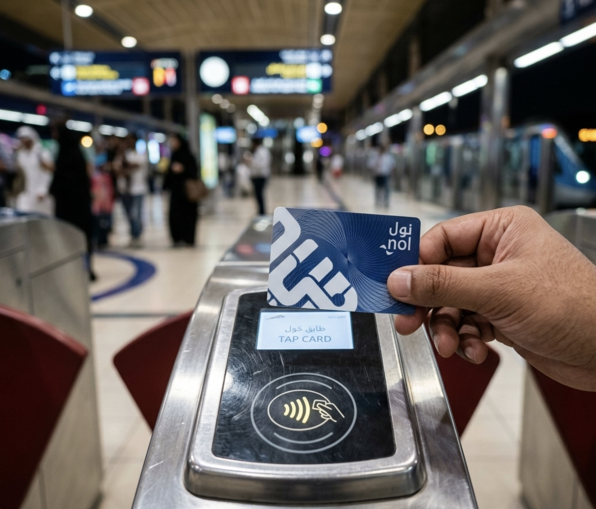 A hand tapping a Nol card on a turnstile reader at a Dubai metro station